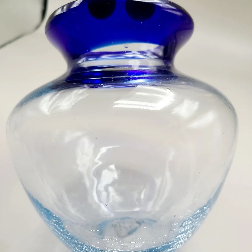 Clear Glass Vase with Cobalt Blue Rim & Handblown Crackled Bottom